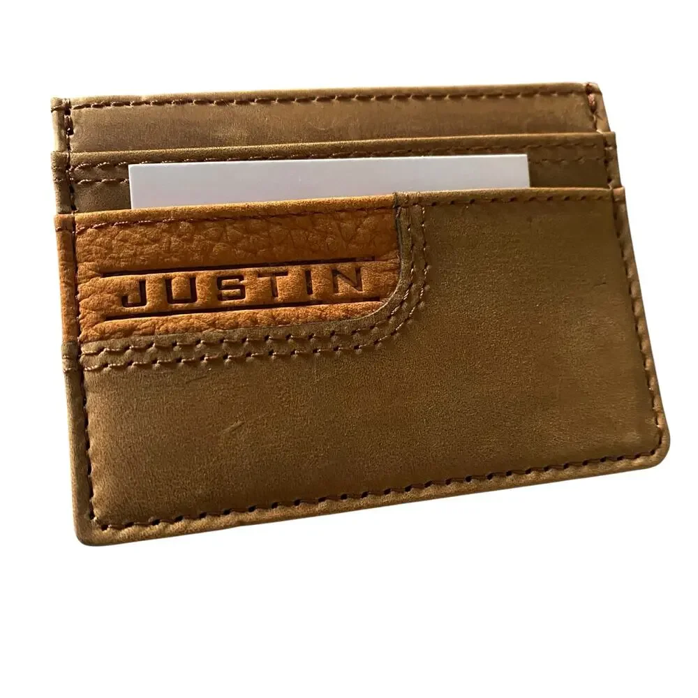 NWT Men's Justin Two Tone Chestnut Genuine Leather Card Wallet w/ Embossed Logo